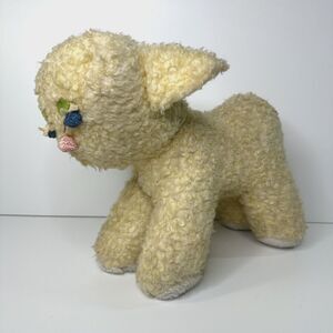 Vtg Eden Wooly Lamb Plush 12in Foam Stuffing Pom Pom Eyes Nose Felt Flower USA